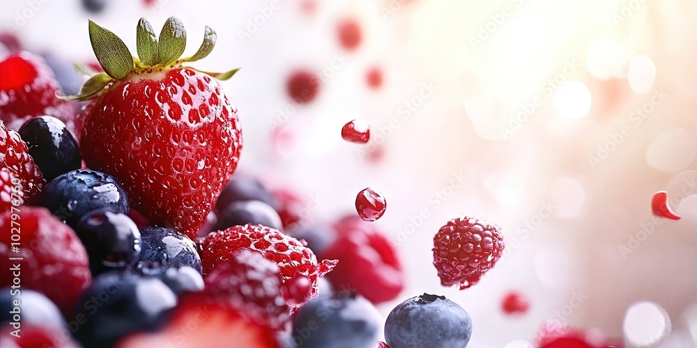 strawberry and blueberry and raspberry falling, isolated on solid white background - strawberry and blueberry and raspberry falling, isolated on solid white background -
