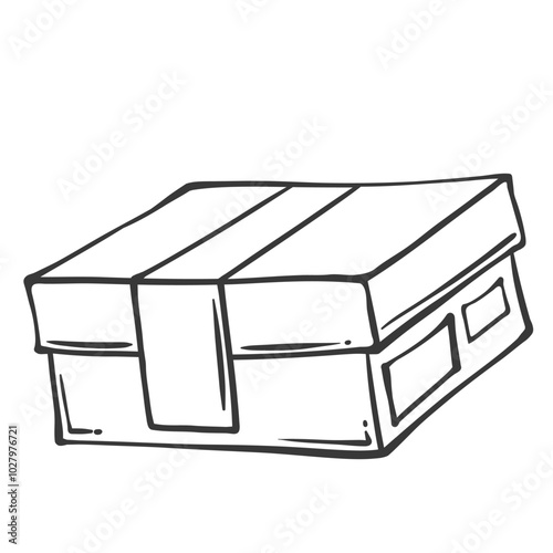 Square closed box with lid line icon. Outline paper package for gift, cardboard shoebox with label on cover. Retail shop delivery, storage mascot, hand drawn box with cap icon vector illustration