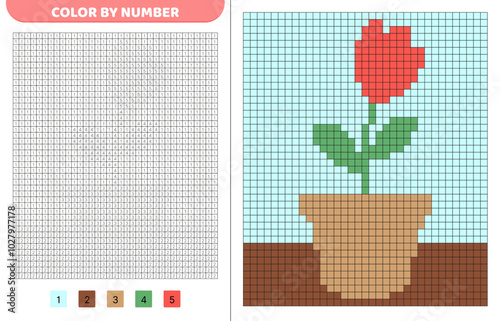 Color by number. Red flower in pot on windowsill. Pixel coloring book. Numbered squares. Game for kids