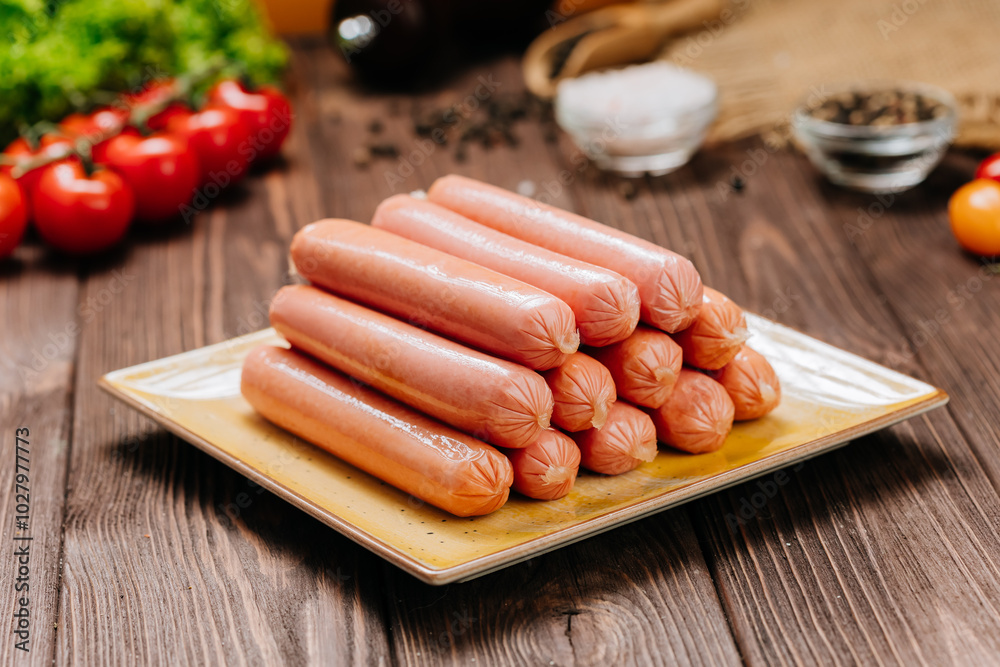 Stack of sausages on plate, ideal for BBQ, grilling, or quick meals, displayed in a kitchen setting Stack of sausages on plate, ideal for BBQ, grilling, or quick meals, displayed in a kitchen setting