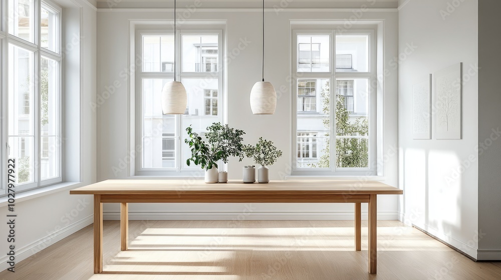 Bright Minimalist Dining Room with Wooden Table and Green Plants in Modern Sunlit Interior Bright Minimalist Dining Room with Wooden Table and Green Plants in Modern Sunlit Interior