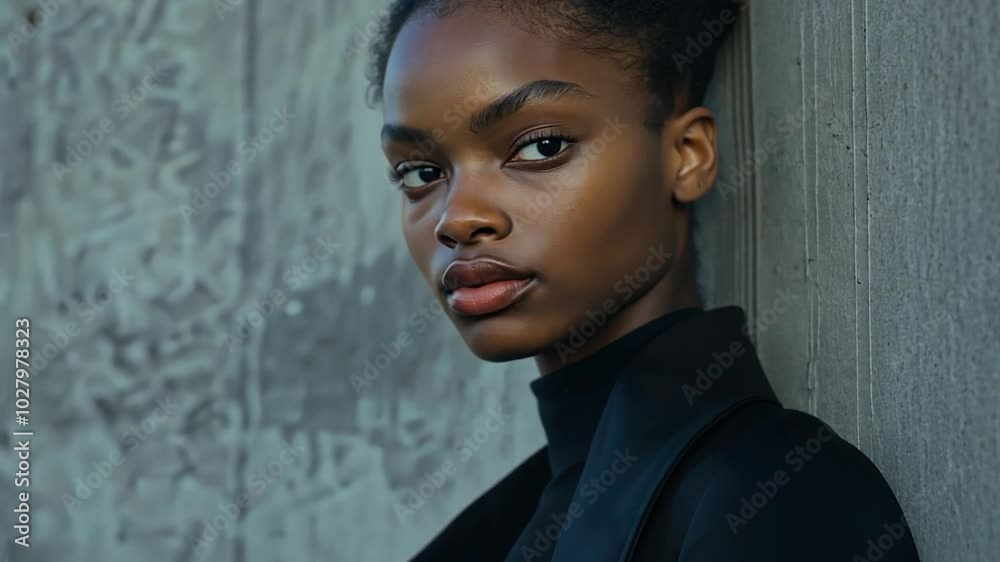 Young woman with dark hair pulled back is leaning against a concrete wall. She is wearing a black turtleneck and is posing for the camera