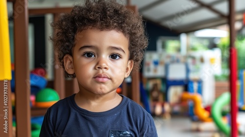 A curly-haired child stands quietly in a playground, surrounded by vibrant structures, embodying a moment of calm curiosity and gentle observation in a lively area.