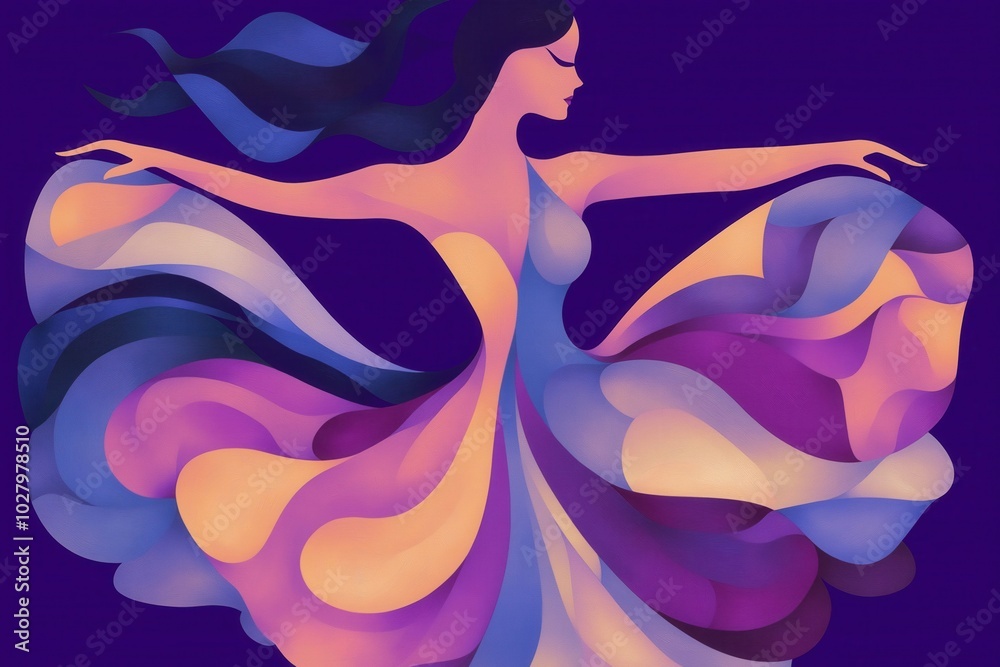 Flowing Movement: Abstract Silhouette of a Woman in a Colorful Dress Capturing the Beauty of Dance Flowing Movement: Abstract Silhouette of a Woman in a Colorful Dress Capturing the Beauty of Dance