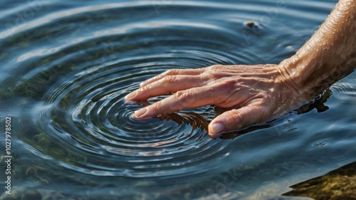 Hand Touching Calm Lake Water: Ripples and Reflections in a Serene Nature Scene