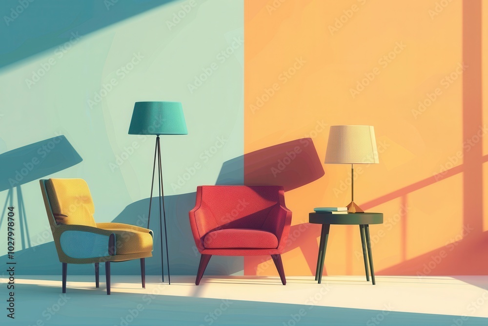 Various silhouettes of stylish furniture, including a bright armchair, lamp, and table, create a vibrant atmosphere with a soft gradient background. Generative AI Various silhouettes of stylish furniture, including a bright armchair, lamp, and table, create a vibrant atmosphere with a soft gradient background. Generative AI