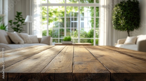 Rustic Wooden Table in Bright Modern Living Room with Large Windows and Lush Greenery