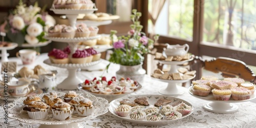 Wallpaper Mural Elegant vintage-inspired tea party with lace tablecloth, cupcakes, pastries, and floral decorations indoors Torontodigital.ca