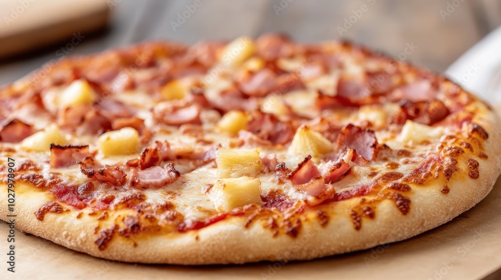 A classic Hawaiian pizza featuring a golden crust topped with ham slices, pineapple chunks, and a generous layer of melted mozzarella cheese making a delightful meal. A classic Hawaiian pizza featuring a golden crust topped with ham slices, pineapple chunks, and a generous layer of melted mozzarella cheese making a delightful meal.
