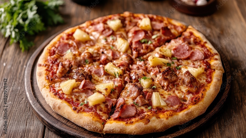 A rustic Hawaiian pizza with fresh pineapple and sliced ham on a crispy crust, covered with melted cheese, creating a perfect balance between sweet and savory.