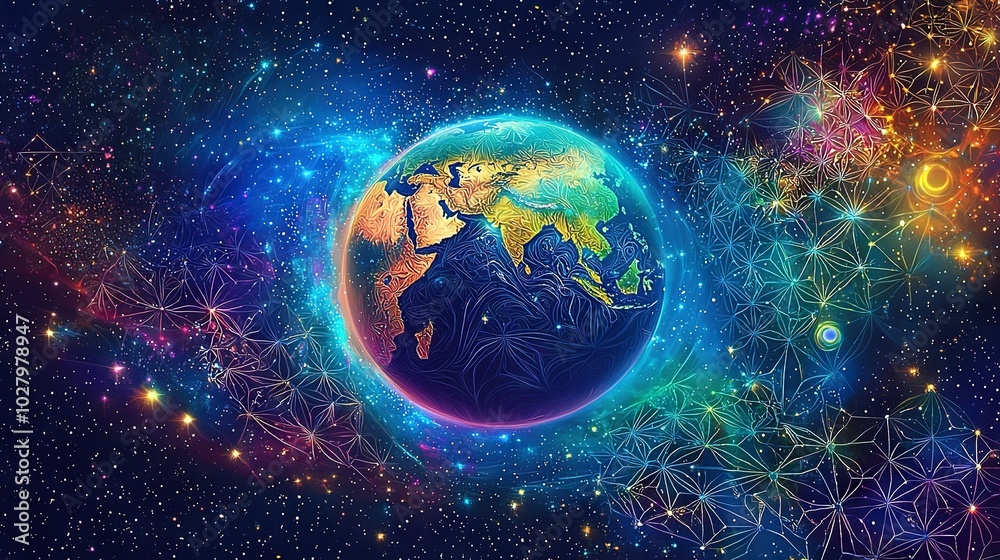A vivid depiction of Earth encircled by celestial bodies, with a constellation at its core, illuminated under the cover of darkness A vivid depiction of Earth encircled by celestial bodies, with a constellation at its core, illuminated under the cover of darkness