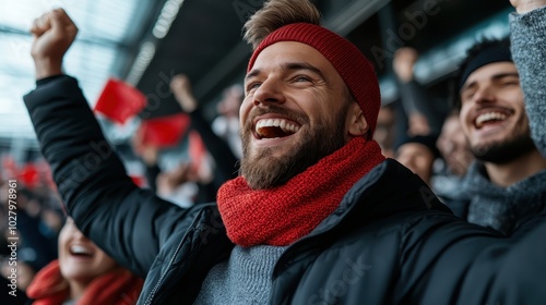 A joyful fan wearing a red scarf cheers in the stands, filled with excitement and unity surrounded by others, capturing the spirit of victory and celebration.