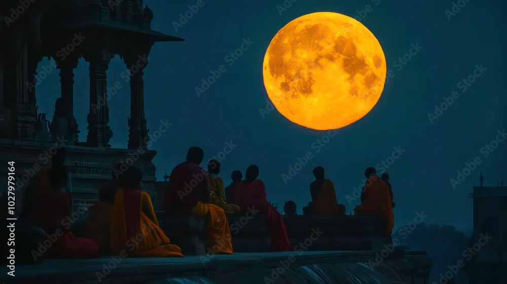 Naklejka premium A large, bright, orange moon hangs above a group of people silhouetted against the night sky, gathered on a rooftop overlooking a city.