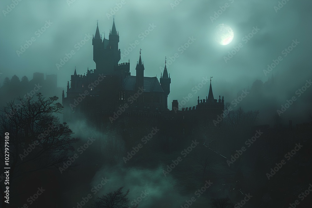 A castle in the fog with a full moon in the background A castle in the fog with a full moon in the background