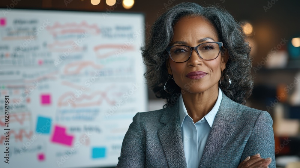 A distinguished woman with gray hair and glasses stands confidently in front of a whiteboard, exuding authority and leadership in a corporate environment. A distinguished woman with gray hair and glasses stands confidently in front of a whiteboard, exuding authority and leadership in a corporate environment.