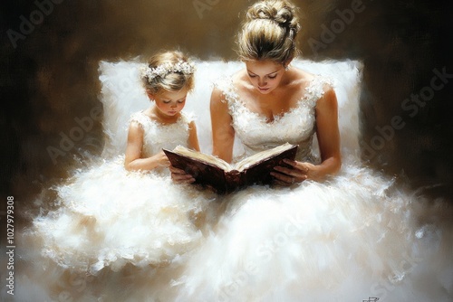 Mother and daughter in elegant white dresses reading together