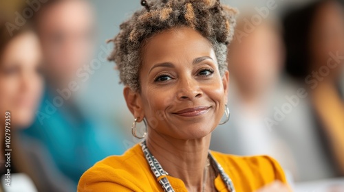 A woman in a gold sweater attentively listens during a seminar, displaying quiet confidence and intellectual engagement in a professional yet warm atmosphere. photo