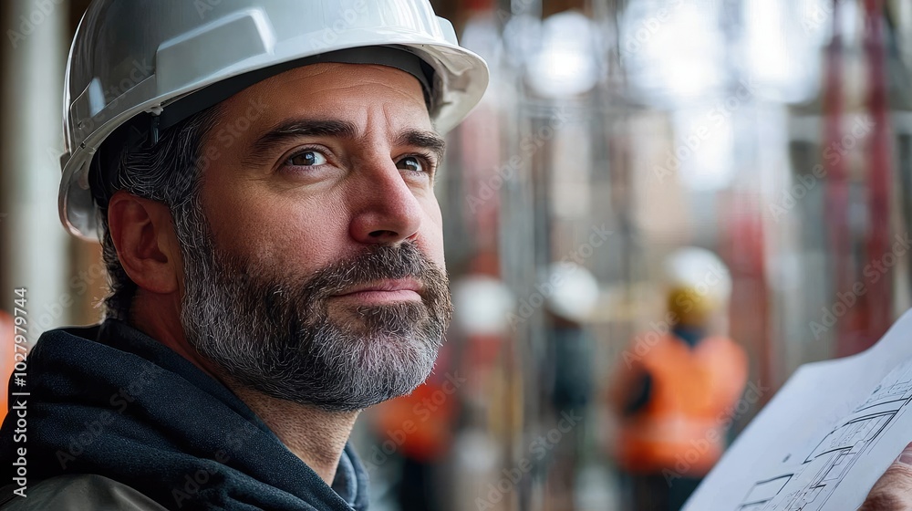 Confident Architect with Blueprint at Construction Site Wearing Safety Helmet and Reflective Vest Confident Architect with Blueprint at Construction Site Wearing Safety Helmet and Reflective Vest