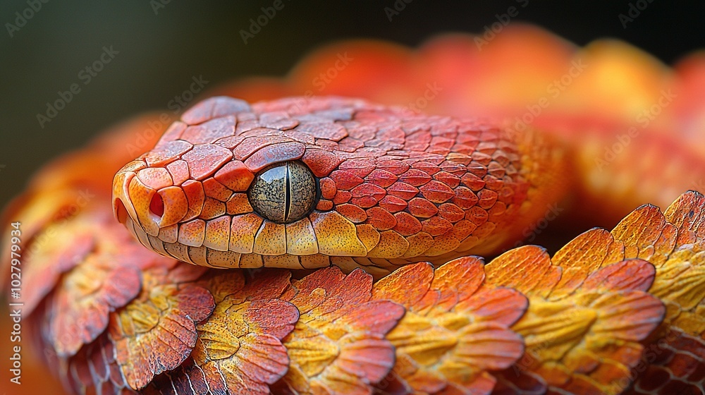 Fototapeta premium A close-up of a snake's head with orange and yellow leaves on its back and neck