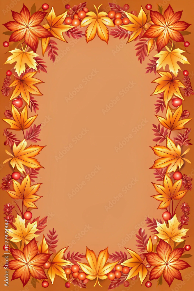 Autumn leaves and berries are arranged in an elegant border Autumn leaves and berries are arranged in an elegant border