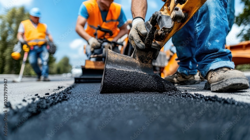 A group of workers in orange vests operates paving machinery seamlessly on a sunlit day, illustrating the synergy in modern road construction. A group of workers in orange vests operates paving machinery seamlessly on a sunlit day, illustrating the synergy in modern road construction.