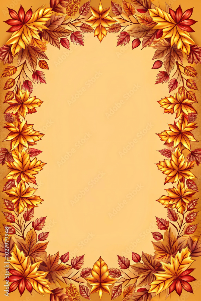 Autumn leaves and berries are arranged in an elegant border Autumn leaves and berries are arranged in an elegant border