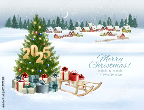 Holiday Christmas and Happy New Year background with a winter village and  christmas tree, winter sledge and colorful presents. Vector.