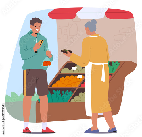 Man Purchases Fresh Produce From A Local Market Vendor. Male Character Making Transaction Using A Contactless Payment