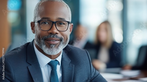 An elderly businessman, wearing glasses and a suit, leads a discussion in a well-lit office, contributing insights to a focused meeting with colleagues.