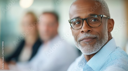 A distinguished senior man wearing glasses is seated in a business meeting, surrounded by colleagues blurred in the background, reflecting experience and leadership.