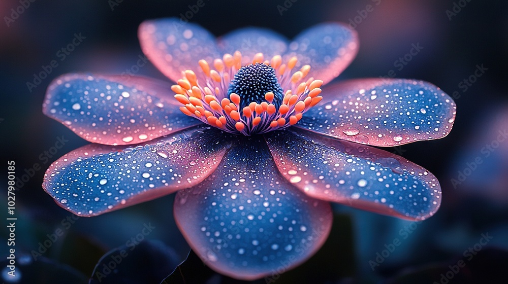 Blue flower with water droplets and leaf in close-up Blue flower with water droplets and leaf in close-up