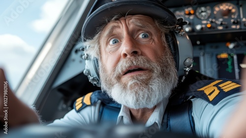 In the cockpit, a pilot with a captains hat and headphones shows a look of disbelief while controlling the aircraft amidst a sea of cockpit instruments.