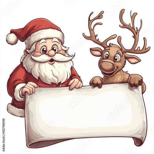Cartoon Santa Claus and reindeer holding a large blank banner, against a white background. Vector illustration in a flat design style with simple lines and bright colors.