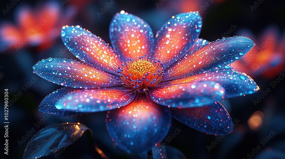 Blue-red flower with water droplets on petals against black background Blue-red flower with water droplets on petals against black background