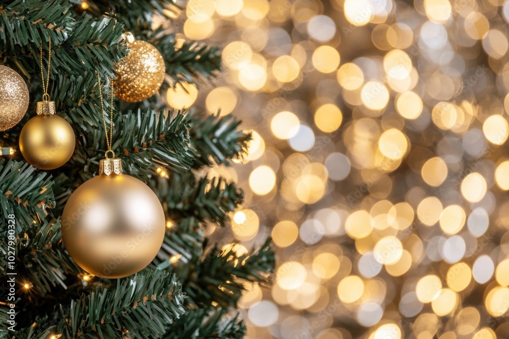 Golden christmas ornaments sparkle on tree with warm bokeh background Golden christmas ornaments sparkle on tree with warm bokeh background