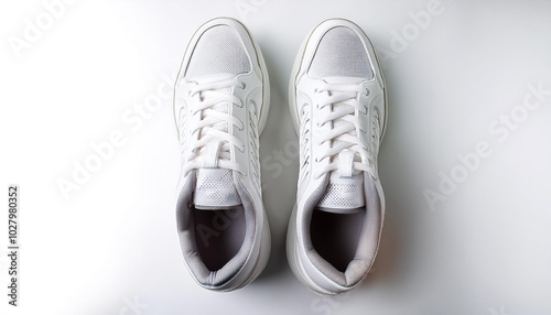 Plain white sneakers lying down, isolated on a white background