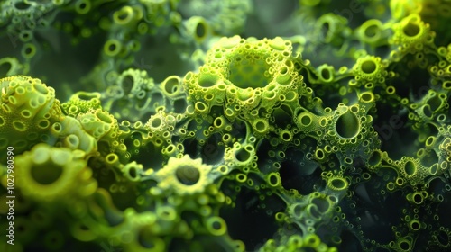 Captivating microscopic view of intricate organic patterns and textures showcasing the fascinating world of cellular growth and microorganisms in a vibrant green hue