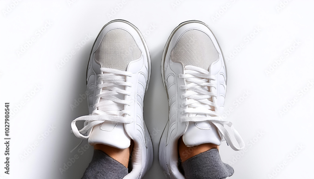 Plain white sneakers lying down, isolated on a white background