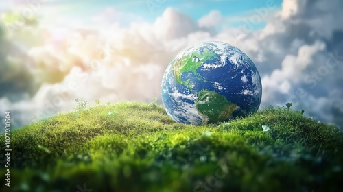 A globe of the Earth sits on a grassy hill with a bright blue sky and fluffy white clouds.