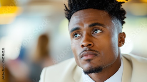 A young man in a suit is captured in a medium close-up, looking to the side with a focused expression, representing ambition and futuristic vision.