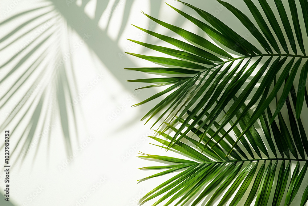 Palm Leaves and Shadows on White Background