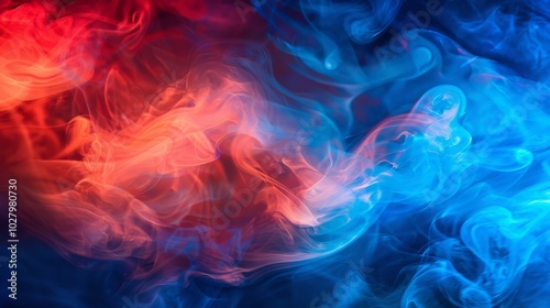 Red and blue smoke mixing and creating abstract shapes