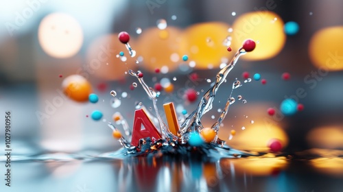 The image portrays splashes of liquid dynamically forming the 'AI' letters, symbolizing the burst of innovation and technology in a vibrant and modern style.