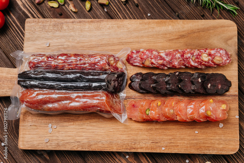 Assorted gourmet salami slices with nuts and spices on board, charcuterie and deli platters