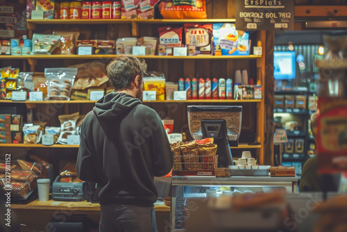 A man in a hoodie browses products in a cozy, well-stocked grocery store, selecting items from the shelves.