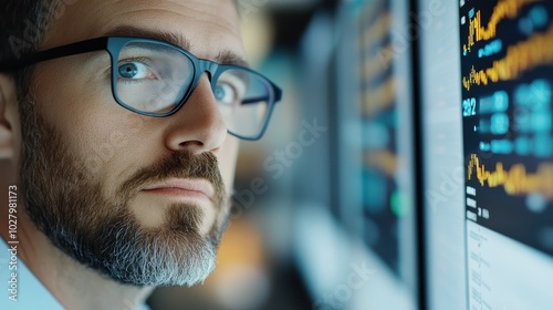 A man with a neatly groomed beard and glasses closely examines financial graphs on a computer screen, revealing his concentration and expert analysis of market trends. photo