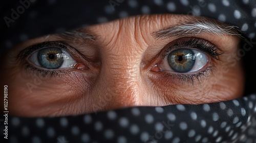 Wallpaper Mural This mesmerizing image portrays a pair of captivating eyes hidden behind a black and white dotted scarf, with visible wrinkles adding wisdom and character. Torontodigital.ca
