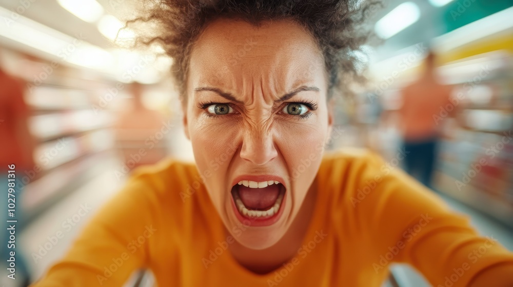 A furious shopper with afro hairstyle, dressed in bright colors, yells as she speeds through a store, drawing attention amidst blurred aisles and vivid lighting. A furious shopper with afro hairstyle, dressed in bright colors, yells as she speeds through a store, drawing attention amidst blurred aisles and vivid lighting.