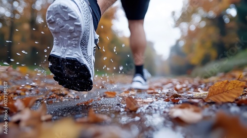 A runner's shoe creates a splash as it lands in a puddle with autumn leaves, highlighting the determination and spirit of outdoor running in a forest setting. photo