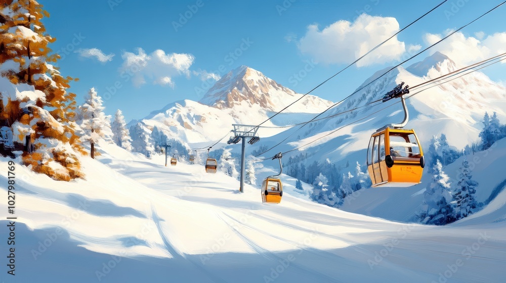 Cable cars traverse the snowy mountain landscape beneath a clear sky, offering a stunning view of the serene winter wonderland, capturing peace and tranquility. Cable cars traverse the snowy mountain landscape beneath a clear sky, offering a stunning view of the serene winter wonderland, capturing peace and tranquility.
